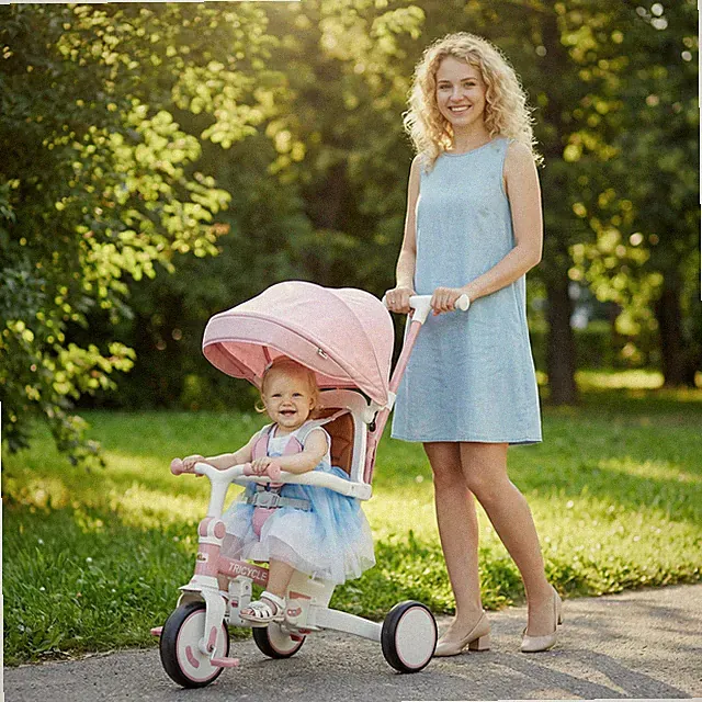 7 in 1 Tricycle Stroller, Kids Tricycle with Adjustable Push Handle, Pink