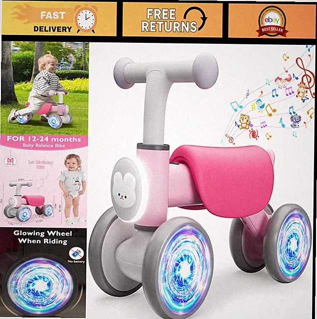 Colorful Toddler Balance Bike for 1-2 Year Olds, 4 Wheels with Music & Lights