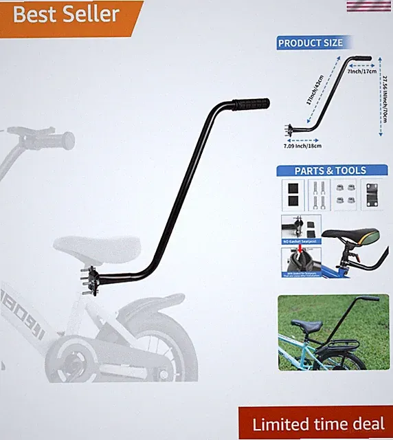 Kids Bike Trainer Balance Push Bar - Boost Confidence & Safety - Black